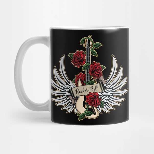 Guitar Wings Roses Rock and Roll Vintage Retro Music Design by hobrath